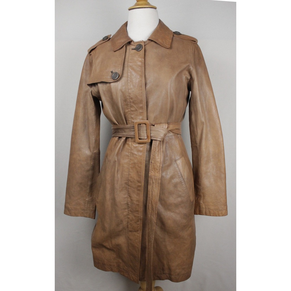 GAP Leather Trench Coat Womens S Cognac Brown Belted‎ Jacket Minimalist